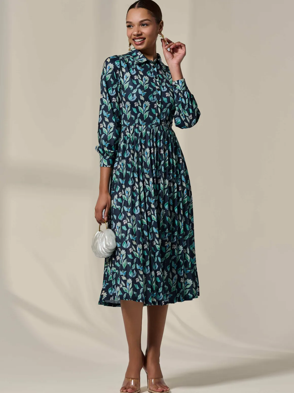 Pleated Button Up Midi Dress, Navy Floral