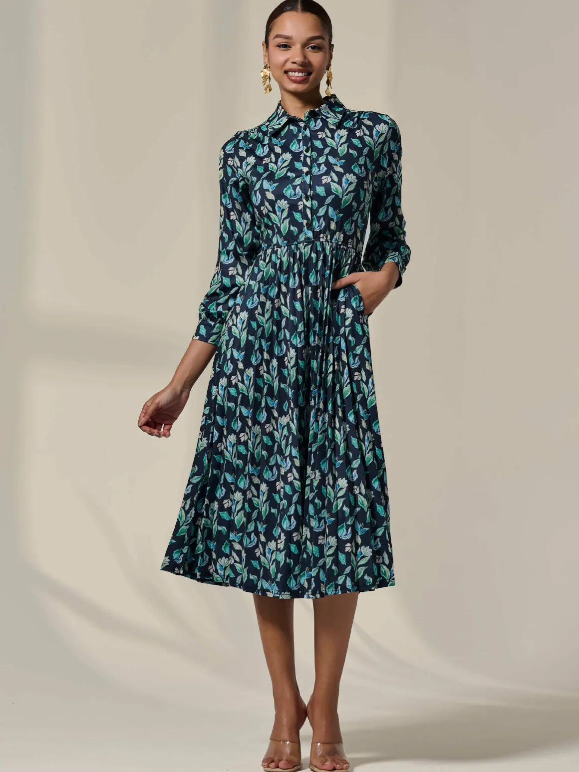 Pleated Button Up Midi Dress, Navy Floral