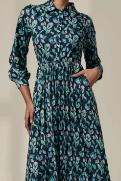 Pleated Button Up Midi Dress, Navy Floral