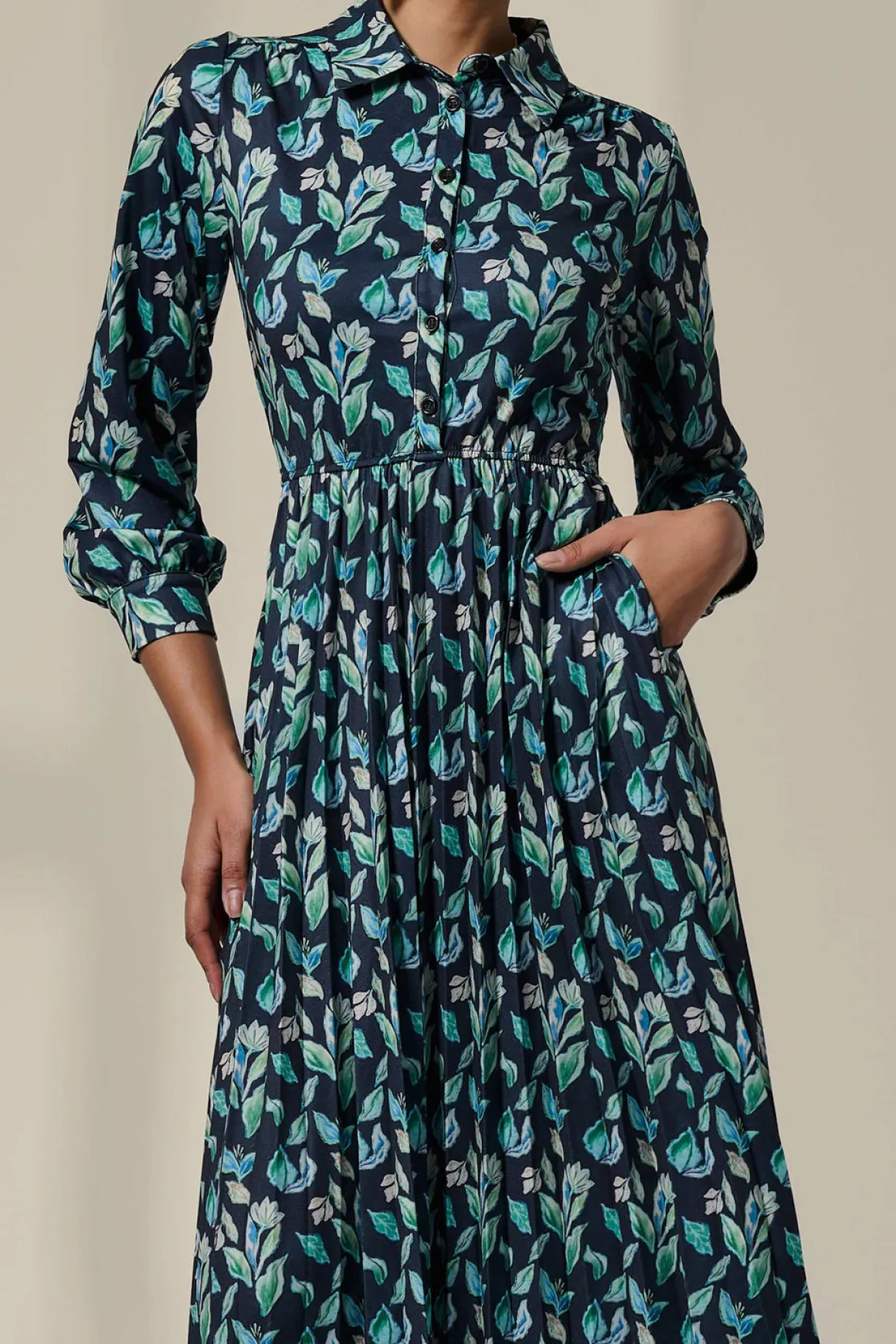 Pleated Button Up Midi Dress, Navy Floral