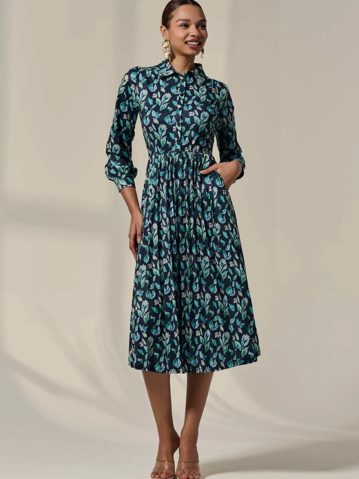 Pleated Button Up Midi Dress, Navy Floral