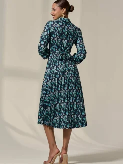 Pleated Button Up Midi Dress, Navy Floral