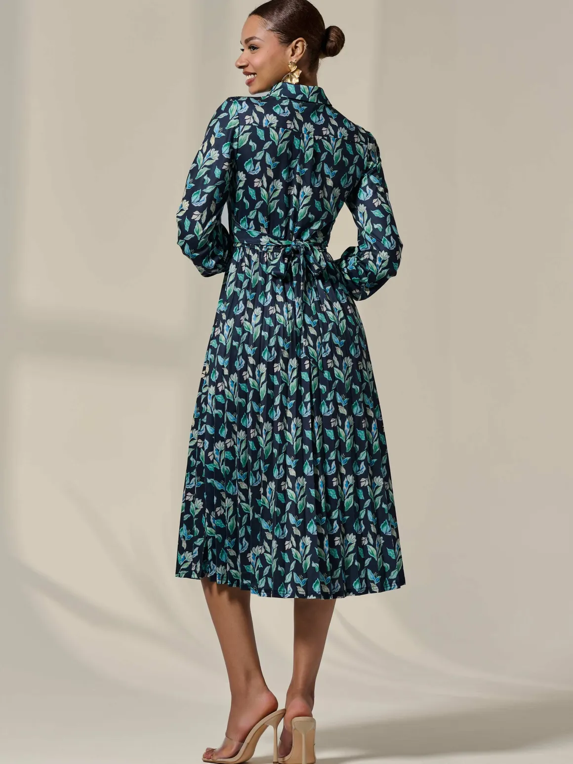 Pleated Button Up Midi Dress, Navy Floral