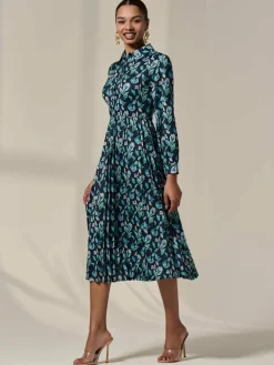 Pleated Button Up Midi Dress, Navy Floral