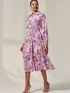 Pleated Button Up Midi Dress, Pink Floral