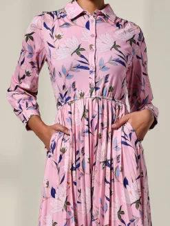 Pleated Button Up Midi Dress, Pink Floral