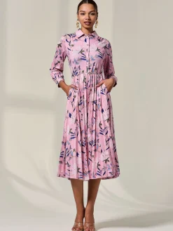 Pleated Button Up Midi Dress, Pink Floral