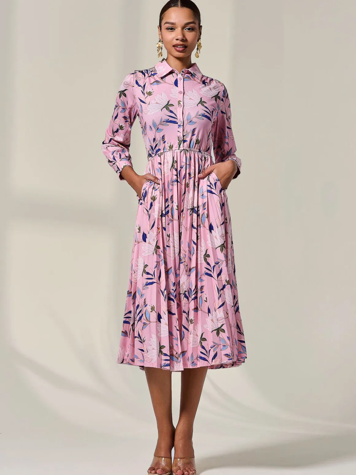 Pleated Button Up Midi Dress, Pink Floral
