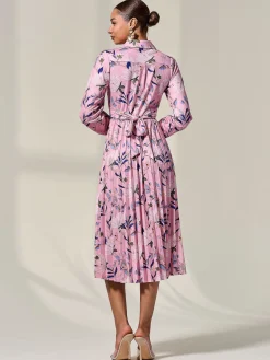 Pleated Button Up Midi Dress, Pink Floral