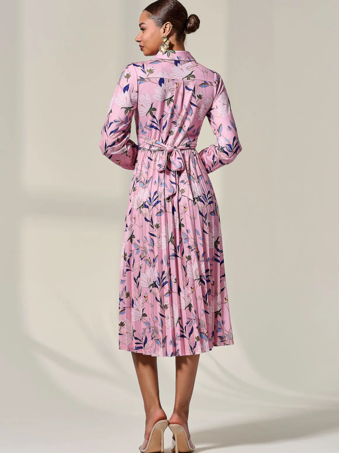 Pleated Button Up Midi Dress, Pink Floral