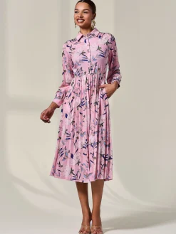 Pleated Button Up Midi Dress, Pink Floral