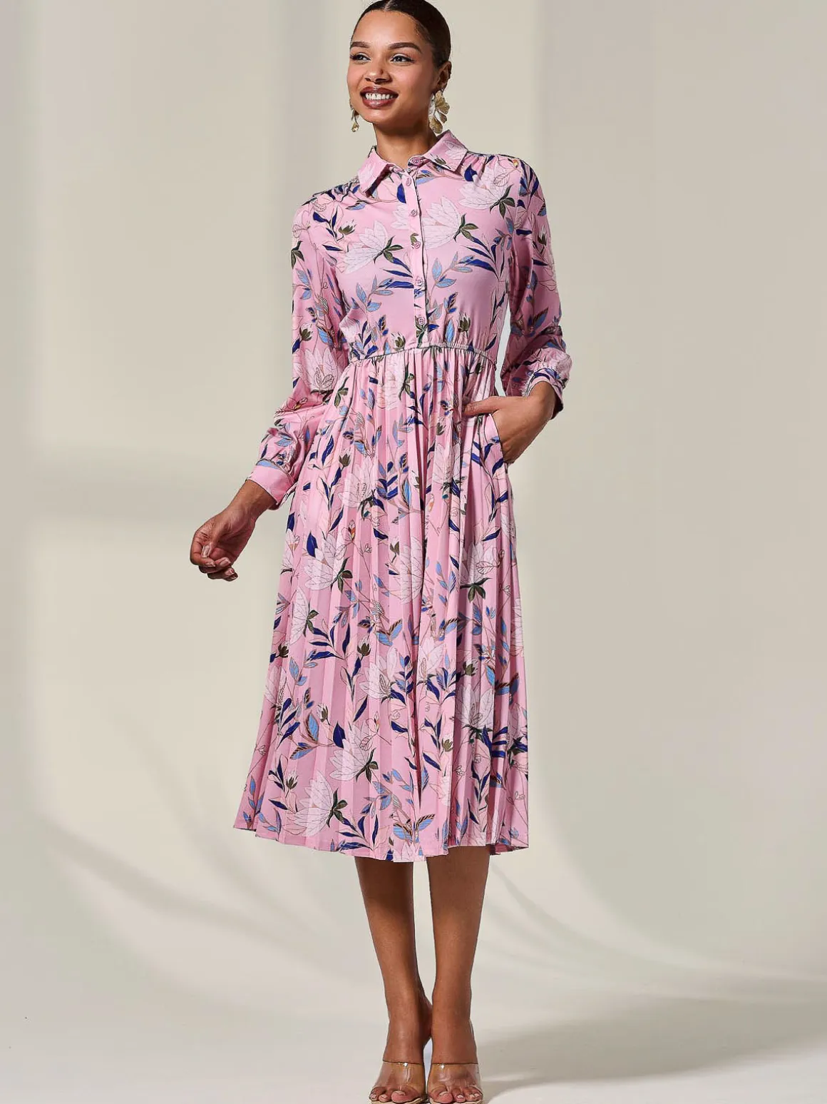Pleated Button Up Midi Dress, Pink Floral