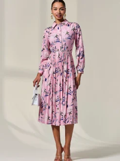 Pleated Button Up Midi Dress, Pink Floral