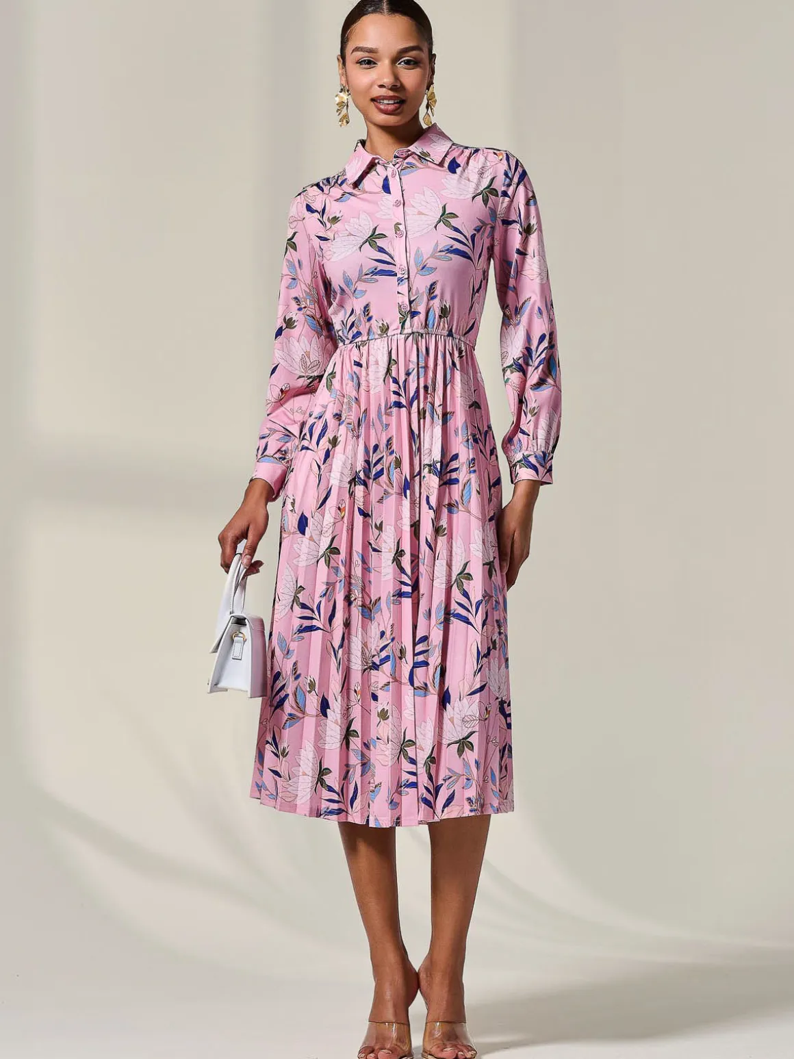 Pleated Button Up Midi Dress, Pink Floral