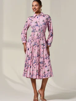 Pleated Button Up Midi Dress, Pink Floral