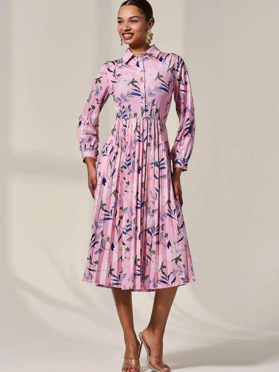 Pleated Button Up Midi Dress, Pink Floral