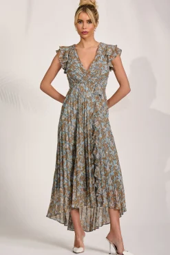 Pleated Chiffon Dip Hem Maxi Dress, Blue Floral
