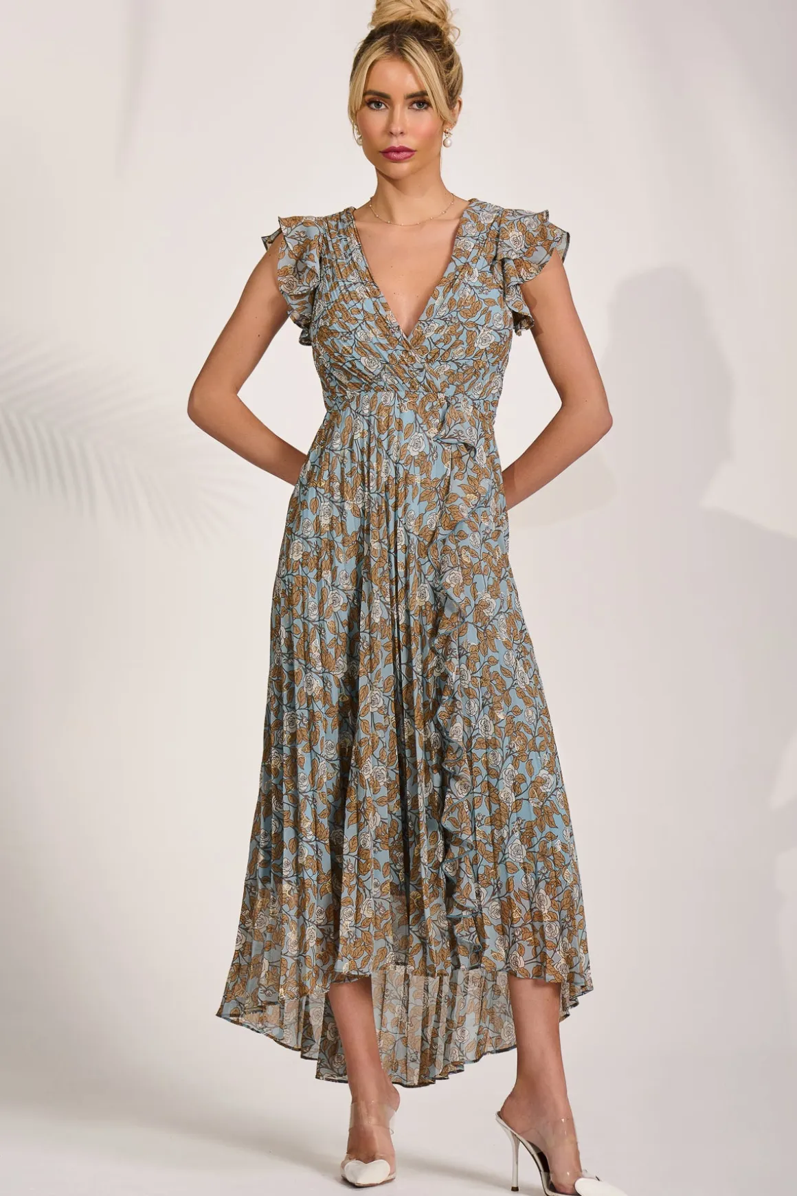 Pleated Chiffon Dip Hem Maxi Dress, Blue Floral