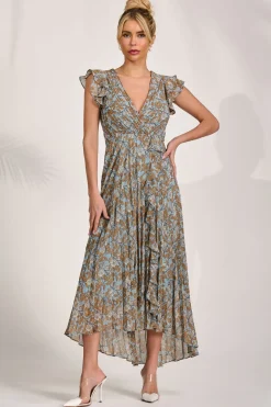 Pleated Chiffon Dip Hem Maxi Dress, Blue Floral