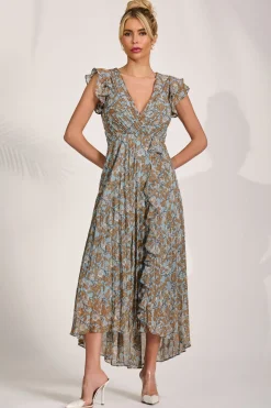 Pleated Chiffon Dip Hem Maxi Dress, Blue Floral