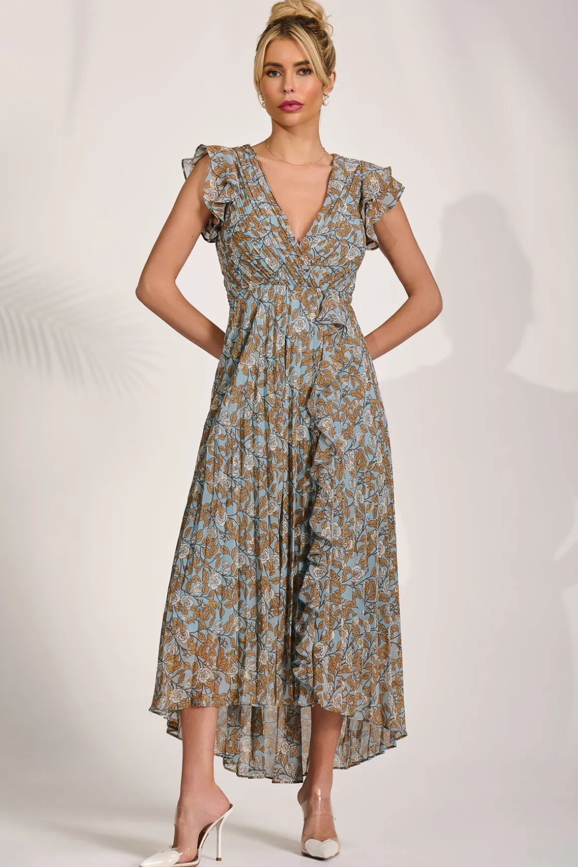 Pleated Chiffon Dip Hem Maxi Dress, Blue Floral