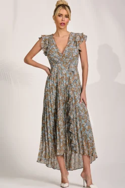 Pleated Chiffon Dip Hem Maxi Dress, Blue Floral