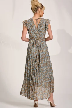 Pleated Chiffon Dip Hem Maxi Dress, Blue Floral