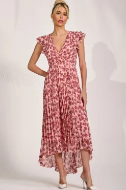 Pleated Chiffon Dip Hem Maxi Dress, Pink Floral