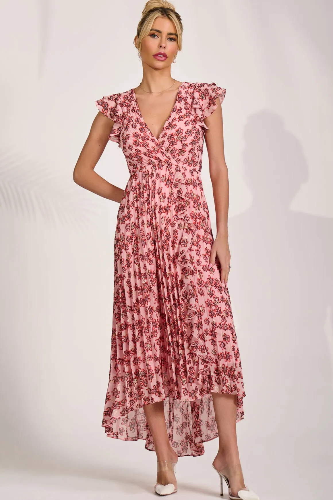 Pleated Chiffon Dip Hem Maxi Dress, Pink Floral