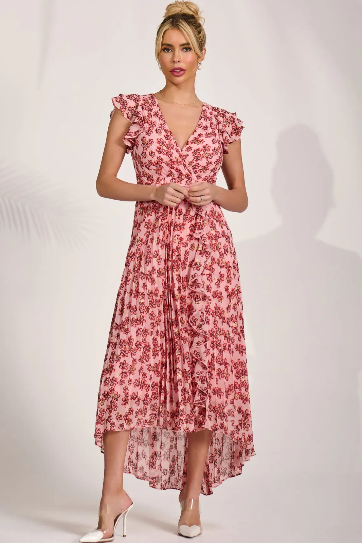 Pleated Chiffon Dip Hem Maxi Dress, Pink Floral