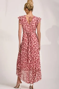 Pleated Chiffon Dip Hem Maxi Dress, Pink Floral