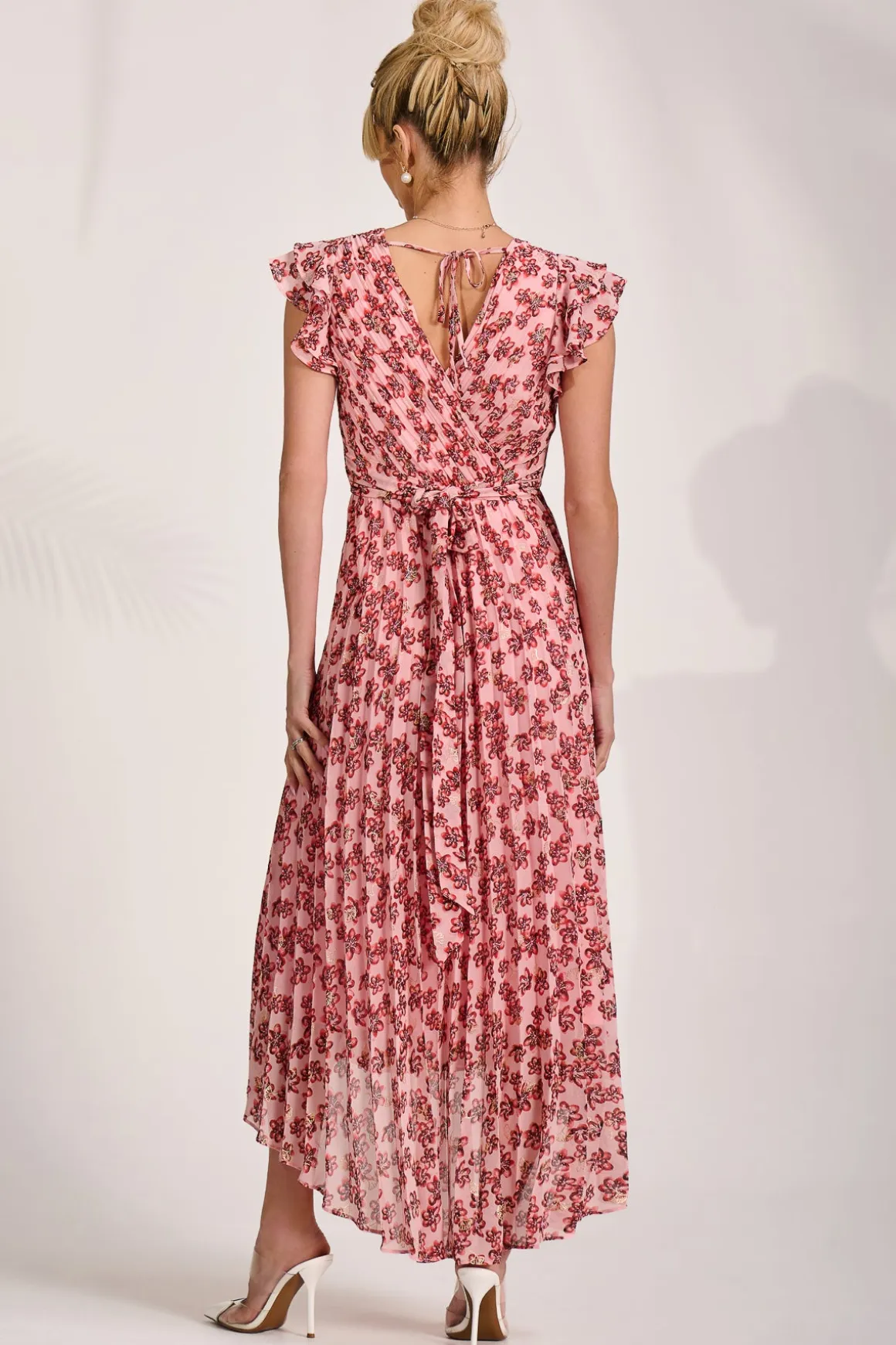 Pleated Chiffon Dip Hem Maxi Dress, Pink Floral
