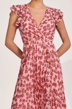 Pleated Chiffon Dip Hem Maxi Dress, Pink Floral