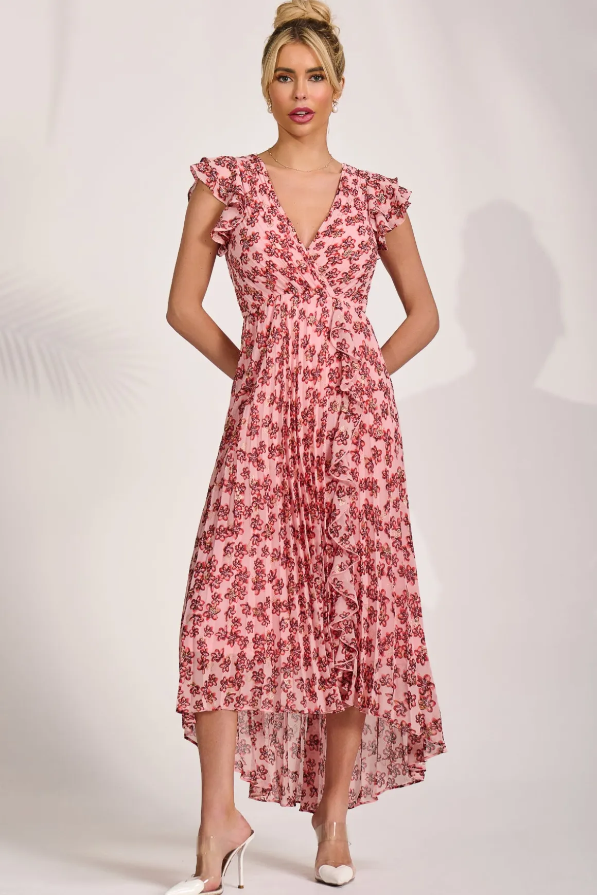 Pleated Chiffon Dip Hem Maxi Dress, Pink Floral