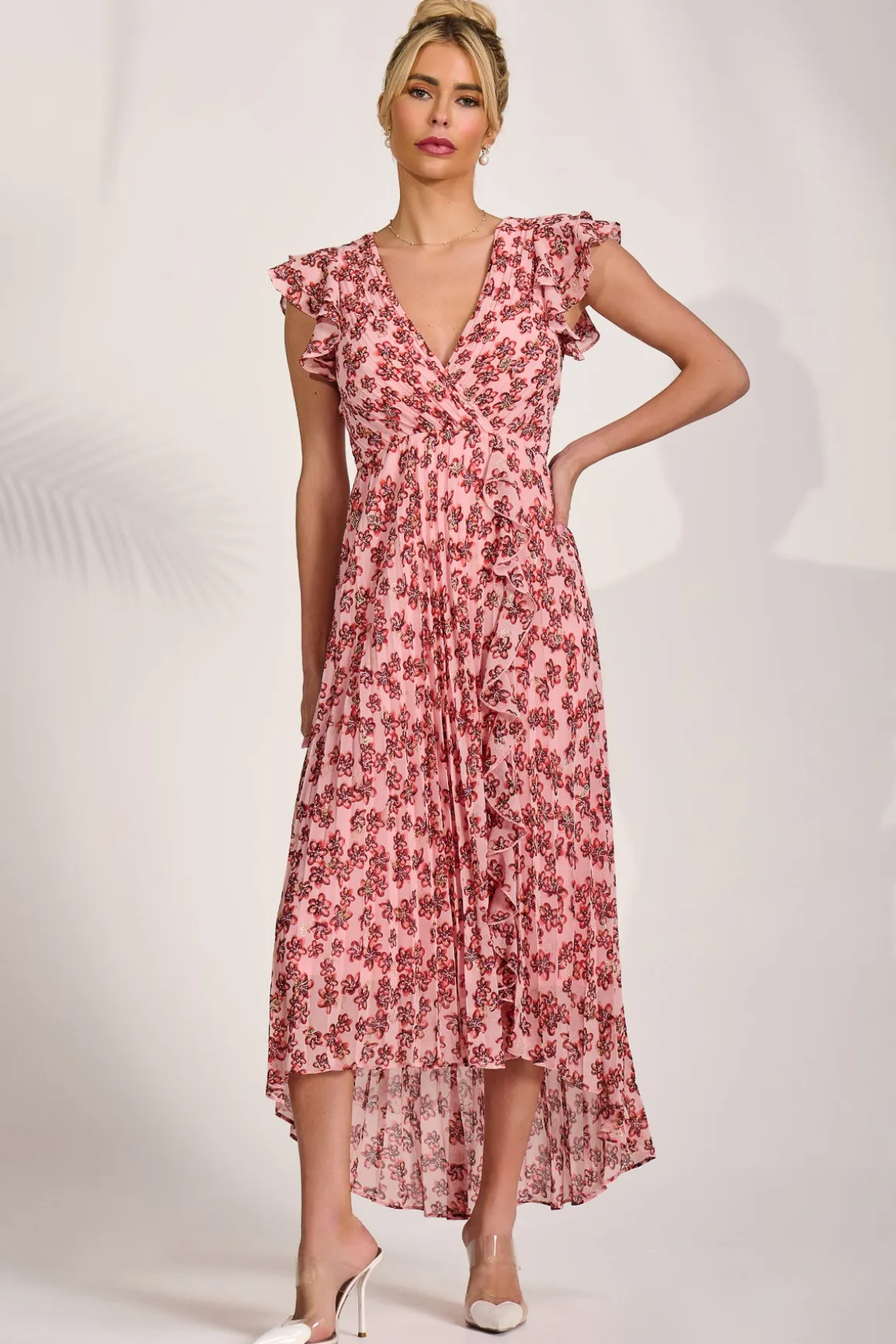 Pleated Chiffon Dip Hem Maxi Dress, Pink Floral