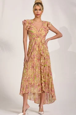 Pleated Chiffon Dip Hem Maxi Dress, Purple Floral