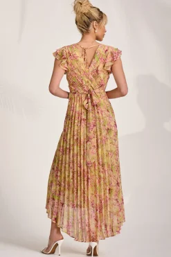 Pleated Chiffon Dip Hem Maxi Dress, Purple Floral