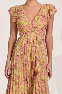 Pleated Chiffon Dip Hem Maxi Dress, Purple Floral