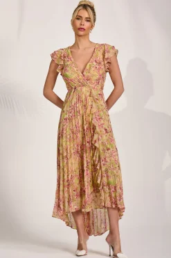 Pleated Chiffon Dip Hem Maxi Dress, Purple Floral