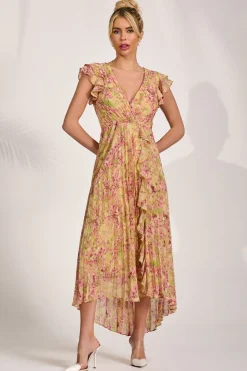 Pleated Chiffon Dip Hem Maxi Dress, Purple Floral