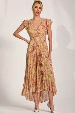 Pleated Chiffon Dip Hem Maxi Dress, Purple Floral