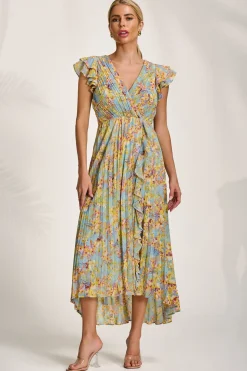 Pleated Chiffon Dip Hem Maxi Dress, Yellow Floral