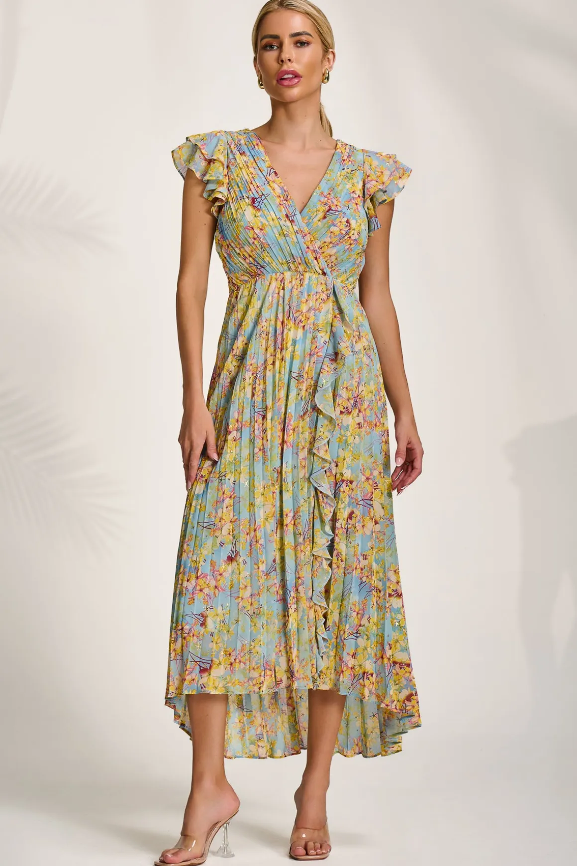 Pleated Chiffon Dip Hem Maxi Dress, Yellow Floral