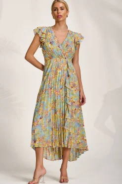 Pleated Chiffon Dip Hem Maxi Dress, Yellow Floral