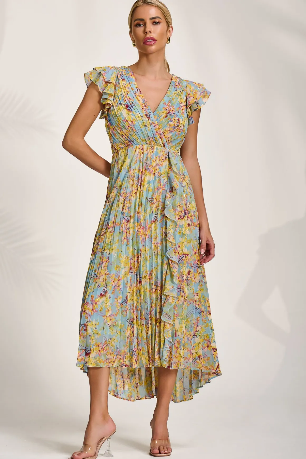 Pleated Chiffon Dip Hem Maxi Dress, Yellow Floral