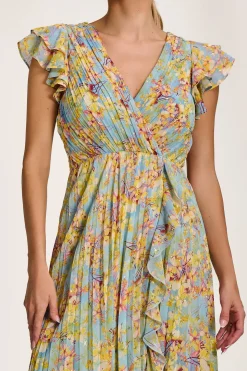 Pleated Chiffon Dip Hem Maxi Dress, Yellow Floral