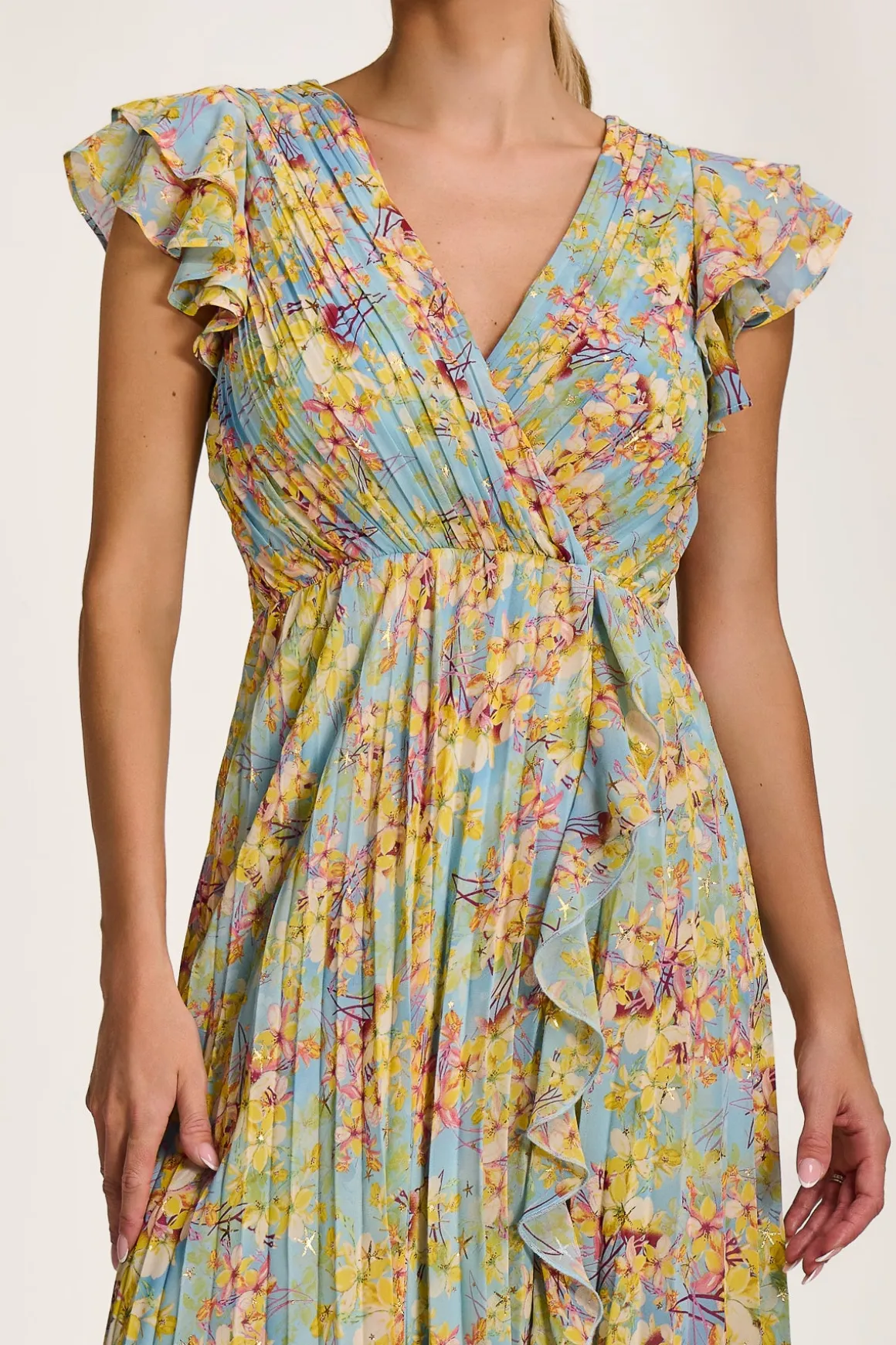 Pleated Chiffon Dip Hem Maxi Dress, Yellow Floral