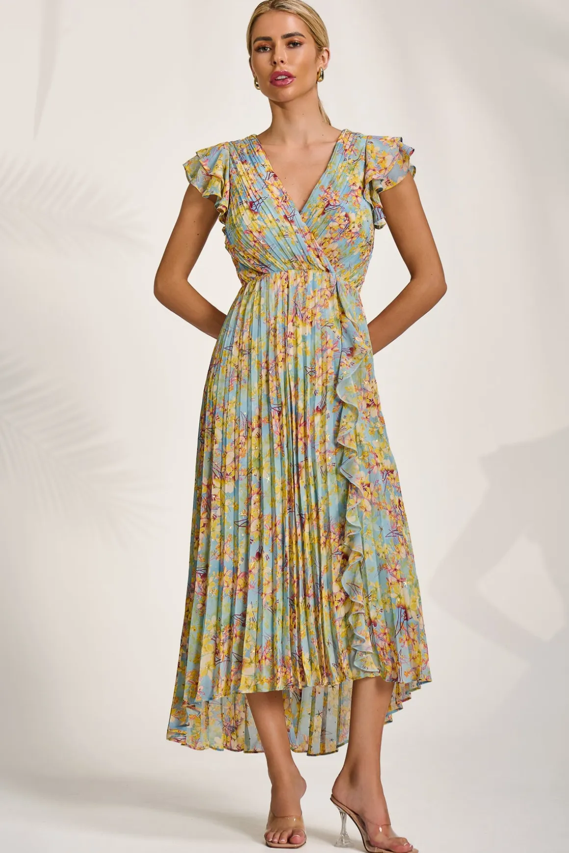 Pleated Chiffon Dip Hem Maxi Dress, Yellow Floral