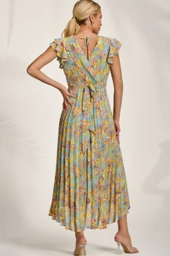 Pleated Chiffon Dip Hem Maxi Dress, Yellow Floral