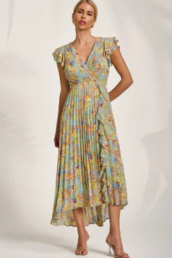 Pleated Chiffon Dip Hem Maxi Dress, Yellow Floral